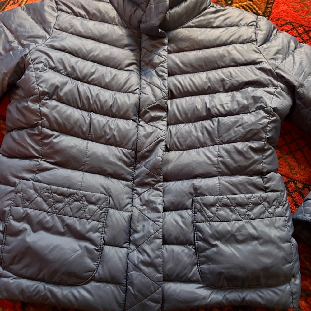 Lands' End Blue Down Puffer Jacket with High Collar and Quilting - Picture 2 of 4